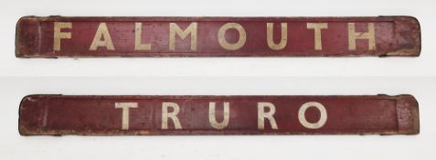 British Rail Railways BR painted double sided wooden carriage board for Falmouth/Truro, 81cm long