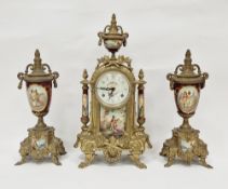 20th century French-style brass and porcelain three-piece clock garniture with Franz Hermle German
