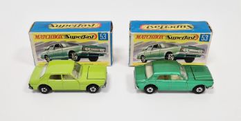 Two boxed Matchbox Superfast diecast models No.53 Ford Zodiac MK.IV, one in lime green and the other