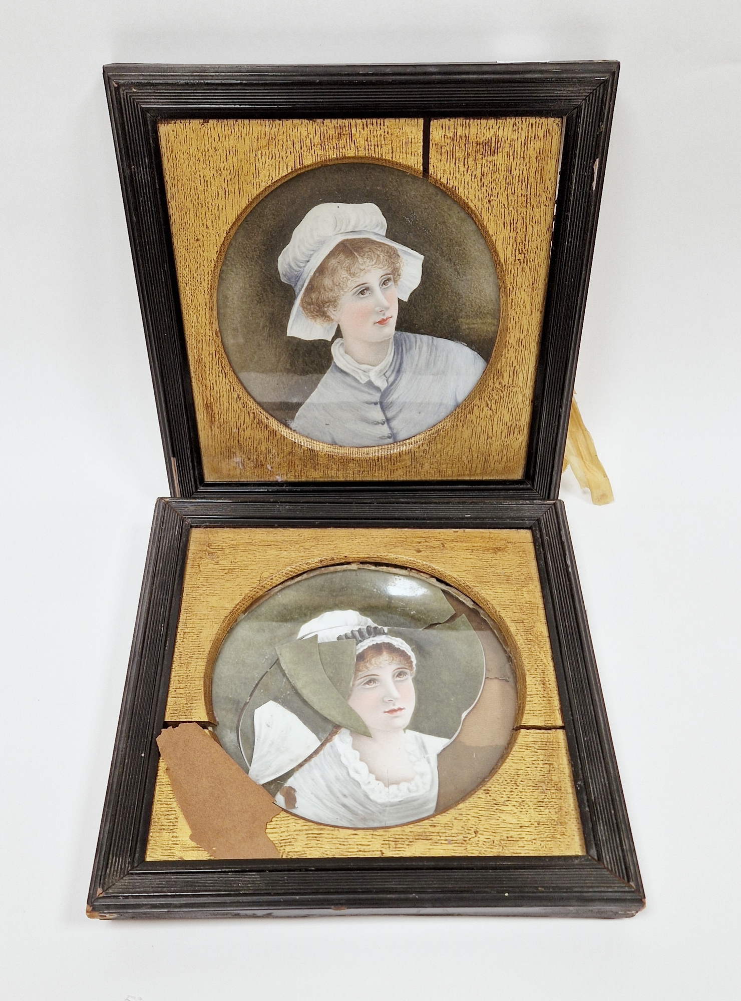 Pair of late 19th century French porcelain amateur-decorated portrait plates, framed, each painted