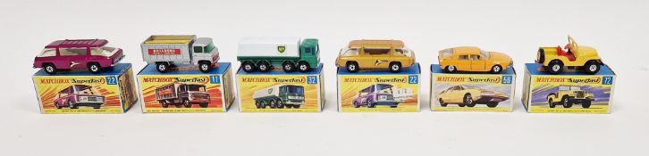 Six boxed Matchbox Superfast diecast model cars to include No.11 Scaffolding Truck, No.22 Freeman