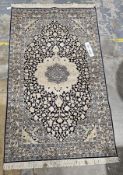 Blue, grey and cream silk and cotton rug, floral design, 160cm x 92cm