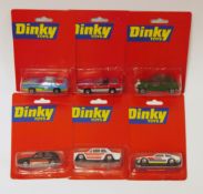 Six carded Dinky Toys by Matchbox Internationals Ltd diecast vehicles including Pontiac Firebird SE,