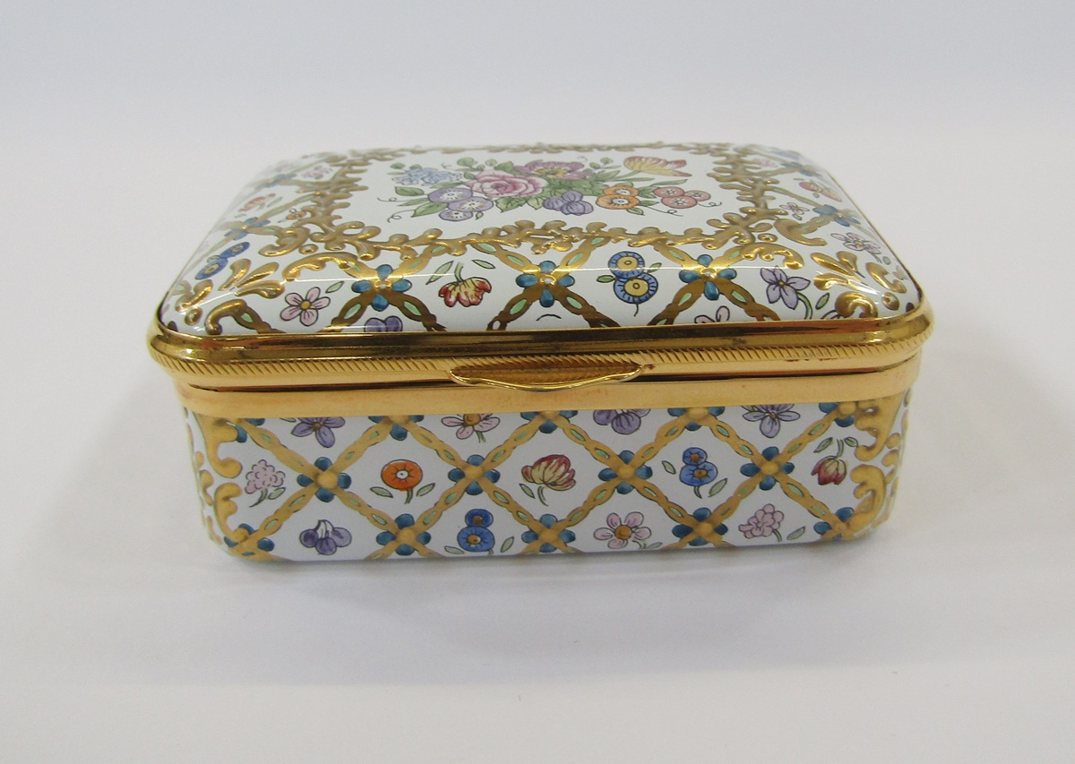 Halcyon Days travelling clock, blue and gold enamel, a similar trinket box, a white lidded pot - Image 22 of 34
