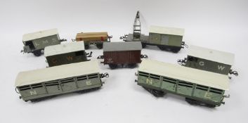 Eight Hornby wagons to include LMS lumber wagon, NE and a GW crane wagon