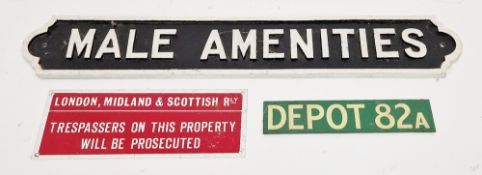 Two railway themed enamelled signs including 'Depot 82A' on green ground 23.5cm long, 'London,