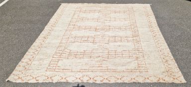 Large Afghan rug of Moroccan Berber design, cream background with brown stymmetric style pattern,