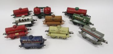 Nine Hornby tinplate tankers to include 'Shell', 'Pratts', 'Power', 'Esso' and 'Royal Daylight'