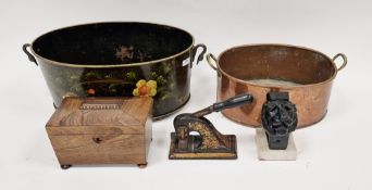 Mixed lot including a toleware painted planter with swan's head handles, 48cm long, a copper oval