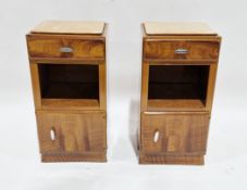 Two matching Art Deco metal bedside cabinets with a faux walnut finish and chome handles, each