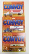Three carded Matchbox 'Convoy' diecast trucks including CY5 Peterbilt conventional covered truck
