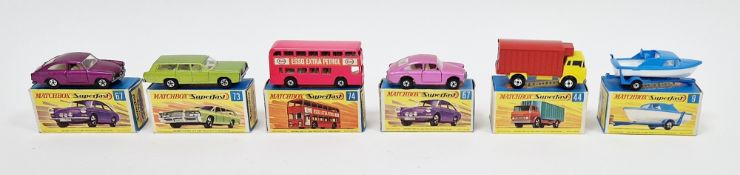 Six boxed Matchbox Superfast diecast model cars to include No.9 Boat and Trailer, No.44 Refrigerator