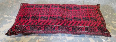 Afghan hand knotted hand sewn large cushion, red background with black design and red and black