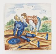Continental glazed and painted terracotta large tile with two 17th century male figures in a