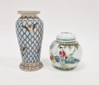 Japanese Meiji period oviform vase, enamelled with birds and trellis pattern in blue, signed in