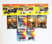 Collection of carded Matchbox diecast vehicles including 3 Lasertronic SL-100 police vehicles, 3
