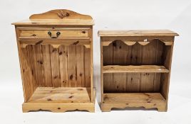 Small pine open bookcase, 65cm wide x 76cm high and a pine side cabinet with single drawer, 67cm