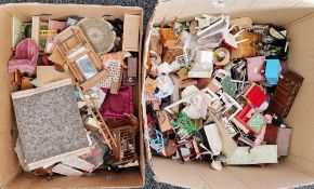 Large collection of doll's house furniture and accessories including wooden furniture, bathroom