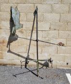 Large iron weather vane with owl chasing a mouse finial, hanging directional letters, 185cm high x