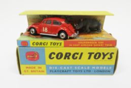 Corgi Toys no.256 Volkswagen 1200 saloon in East African safari trim, boxed with rhino and stand