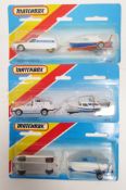 Three carded Matchbox Superfast twin packs including 2 x TP-109 Citroen CX and cabin cruiser on