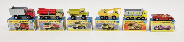 Six boxed Matchbox Superfast diecast model cars to include No.26 GMC Tipper Truck, No.28 Mack Dump