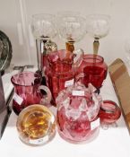 Collection of Victorian cranberry glass, including a silver rimmed salt, four harlequin engraved