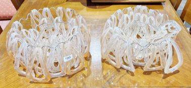 Pair of mid century retro hanging light shades with clear and pale orange plastic loop