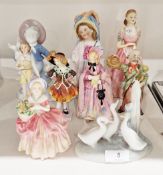Collection of nine ceramic figures including Royal Doulton Cissie HN1809, Royal Doulton Jacqueline