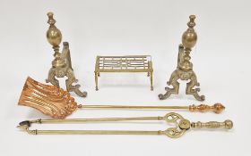 Pair of 19th century brass andirons with vase-shaped finials, raised on scroll supports with lion