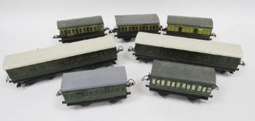 Two Southern LNER passenger coaches 1667, 1311, Southern guards van, first/third four-wheel carriage