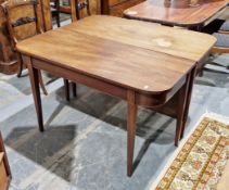Pair George III mahogany and satinwood string inlaid demi-lune tables, one end with drop flap