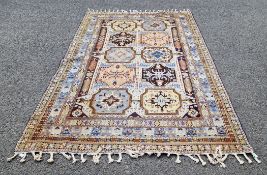 Large patterned panel rug in coral, grey, blue and green, hand knotted , 200cm x 290cm