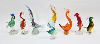 Seven Murano-style glass models of birds and a seahorse, including: cockerels, swan, heron and a