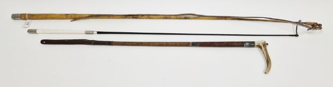 Early 20th century hunting crop with antler handle, double silver collars, leather grip and