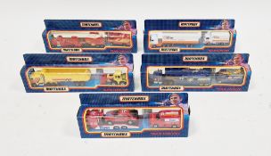 Five boxed Matchbox Team Convoy diecast models to include TC 1 Fire set, TC 3 Construction set, TC 4
