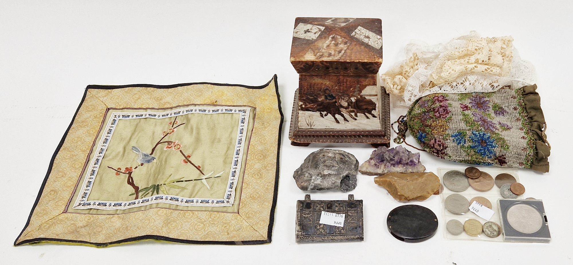 Mixed lot of collectable items including Russian wooden playing card box decorated with a scene of a