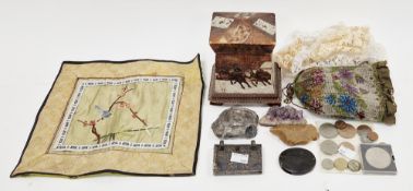 Mixed lot of collectable items including Russian wooden playing card box decorated with a scene of a