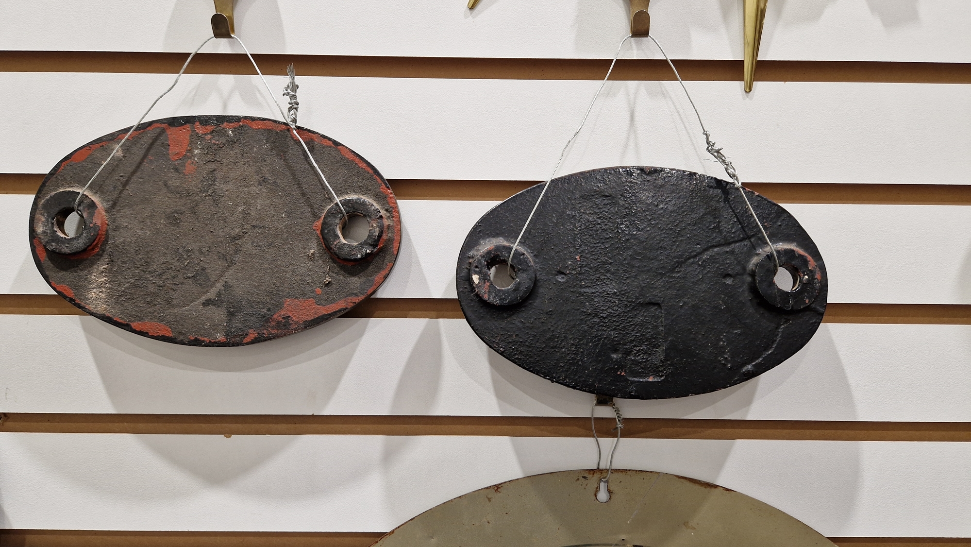 Two mid century railway cast iron oval shedplates (shed plates), 83E and 83F, each 19cm long - Image 2 of 2