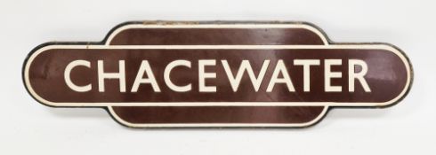 Mid century British Rail Railways BR brown Totem station enamel sign for 'Chacewater ', 91cm long