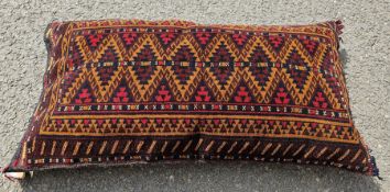 Large Afghan hand knotted cushion with eight diamond style in centre with mustard, blue, red,