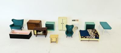 Collection of mid 20th century doll's house furniture including plastic three piece suite, 2 x chest