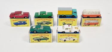 Six boxed Matchbox Series diecast model cars to include No.24 Rolls-Royce Silver Shadow, No.46