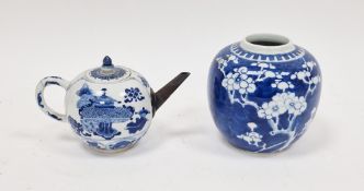 Chinese porcelain Kangxi blue and white globular teapot with replacement metal spout and a ginger
