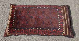 Large Afghanistan cushion, hand knotted and hand made, red centre with blue and brown with unusual