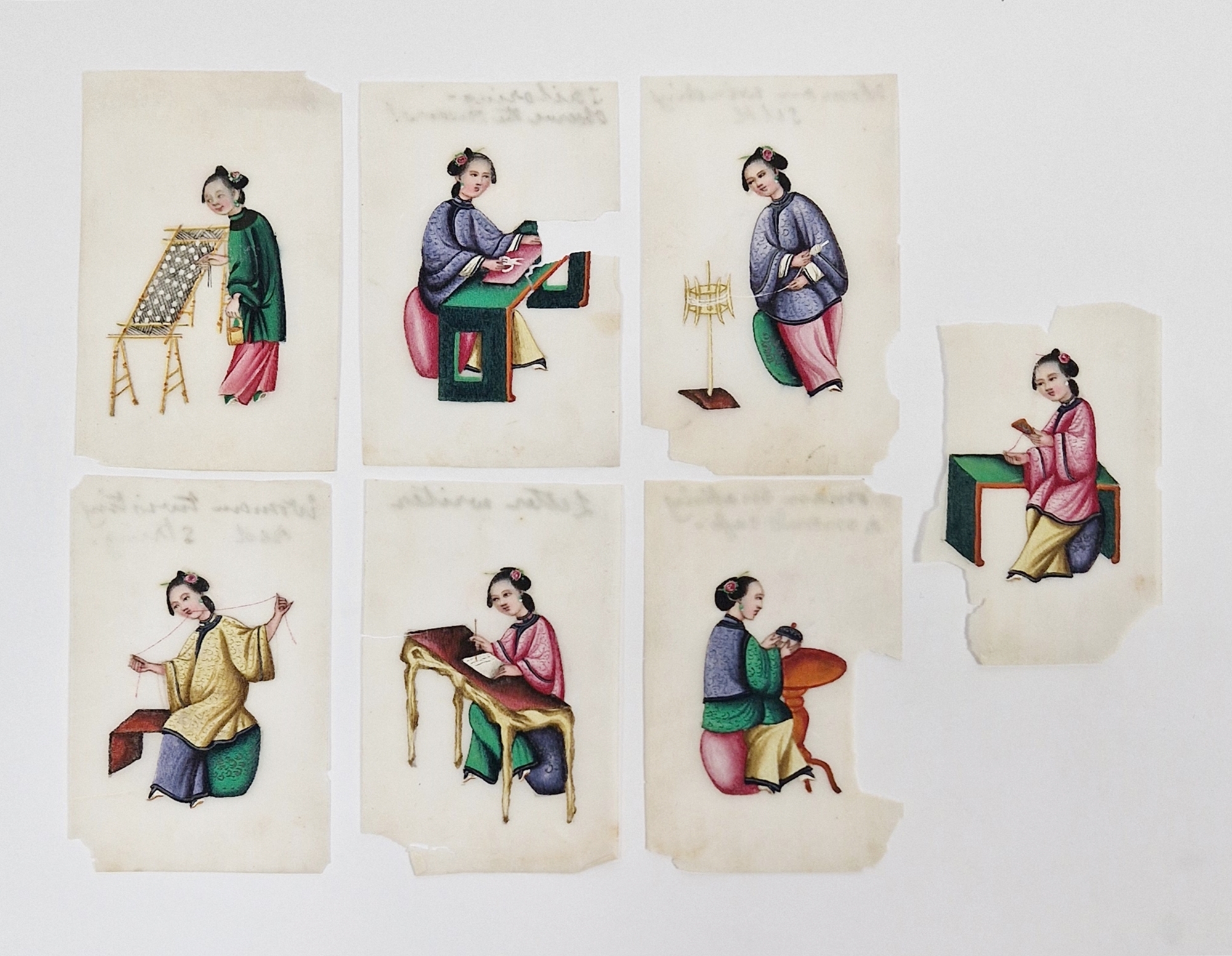 Group of Chinese Qing Dynasty ricepaper paintings, each depicting a lady writing, sewing and various