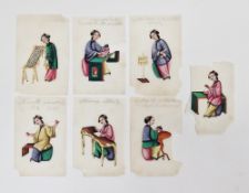 Group of Chinese Qing Dynasty ricepaper paintings, each depicting a lady writing, sewing and various