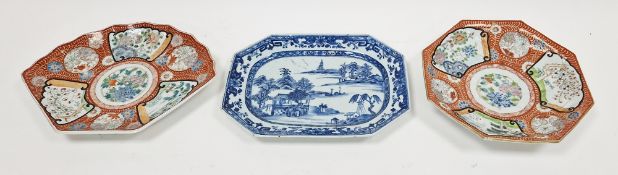 Chinese Export blue and white shaped-rectangular serving-dish and two Japanese Meiji period Kutani