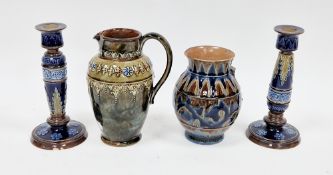 Royal Doulton glazed stoneware jug, green ground with formal flowerhead and leaf decoration, 20cm