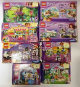 Eight boxed Lego 'Friends' sets being 41100, 3065, 41129, 41107, 41034, 41128, 41004 and 41110 (